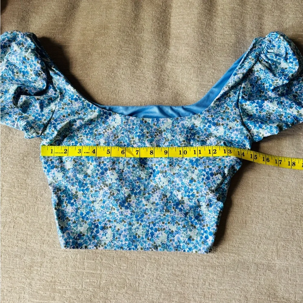 Splendid Blue Floral Longline Puff Sleeve Bikini Top - Size Large